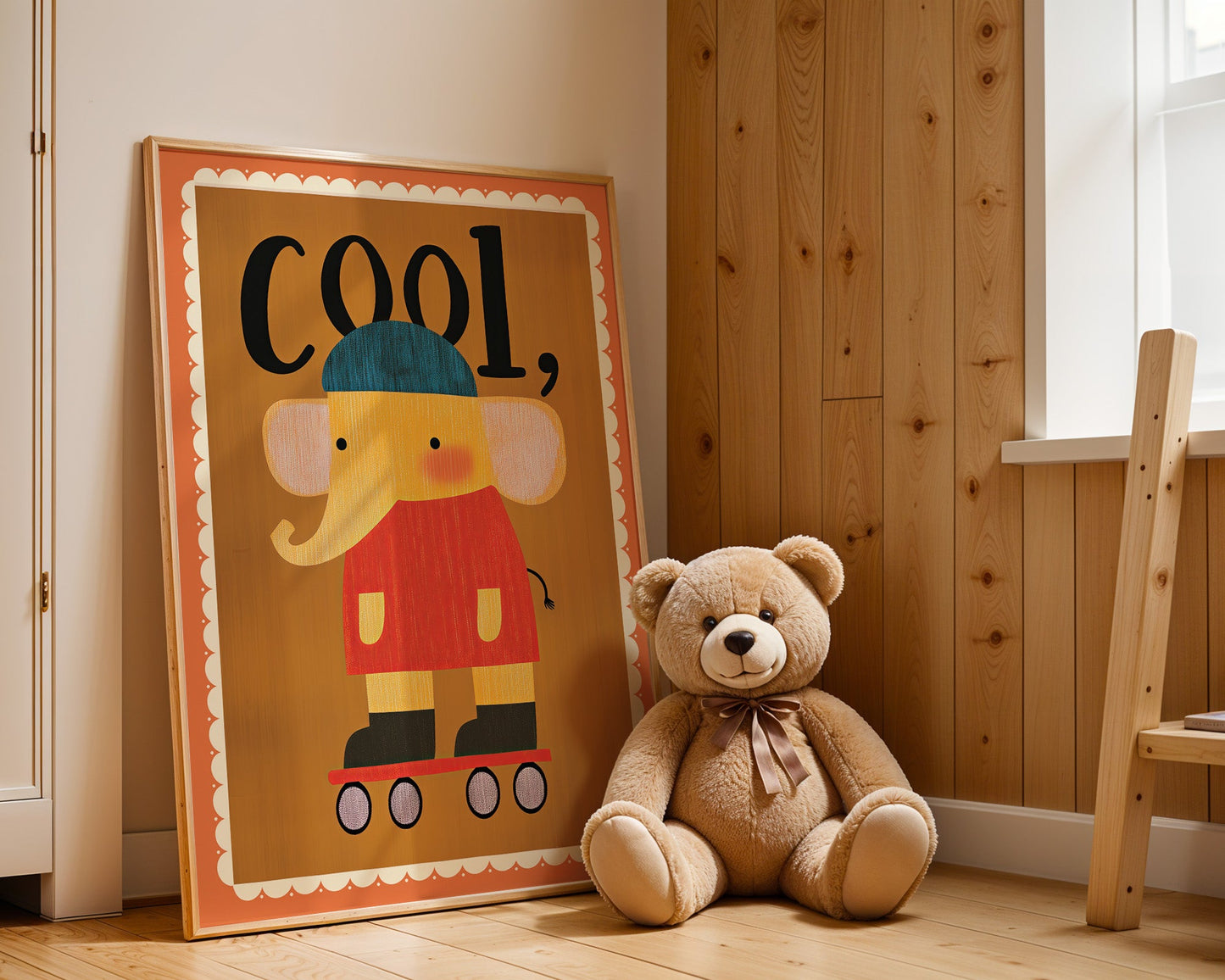 Poster Kinderzimmer Elefant · Cool auf Rollschuhen · Lustiges Tiermotiv · Retro Farben · Geschenkidee für Kinder · Ohne Rahmen-1