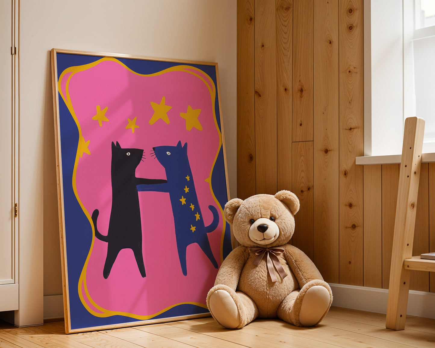 Poster Kinderzimmer Katzen · Tanz unterm Sternenhimmel · Bunte Deko in Pink & Blau · Freundschaft & Magie · Ohne Rahmen-2