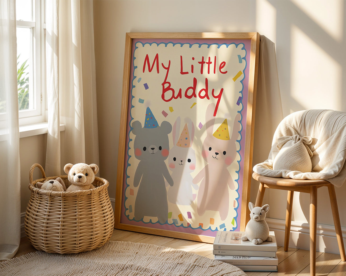My Little Buddy – Animal Poster for Kids Room | Bear & Bunny with Party Hats | Friendship & Joy | No Frame-2