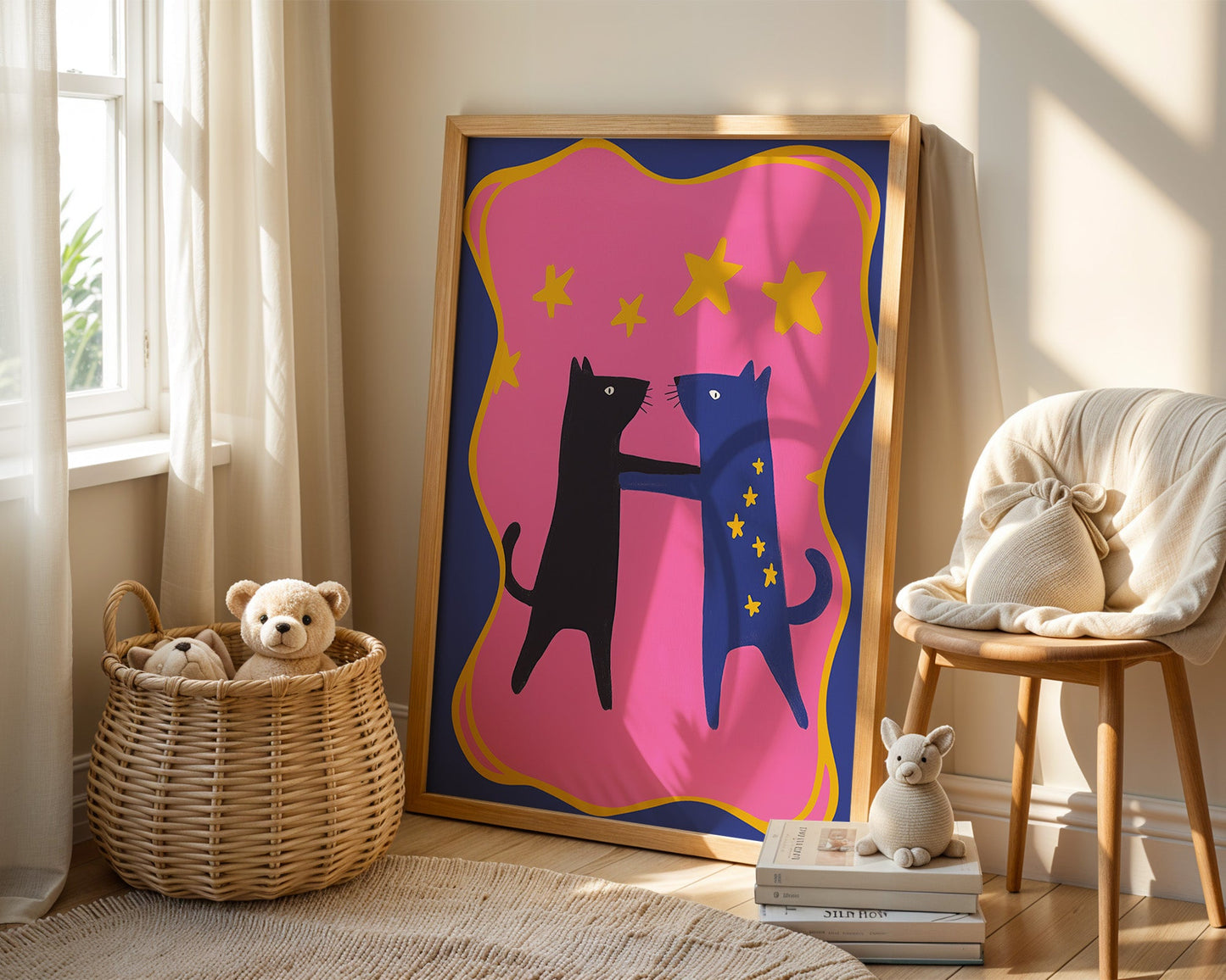 Poster Kinderzimmer Katzen · Tanz unterm Sternenhimmel · Bunte Deko in Pink & Blau · Freundschaft & Magie · Ohne Rahmen-3