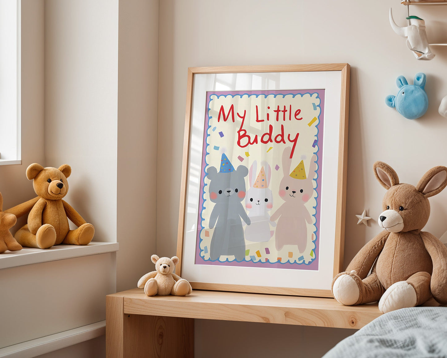 My Little Buddy – Animal Poster for Kids Room | Bear & Bunny with Party Hats | Friendship & Joy | No Frame-3