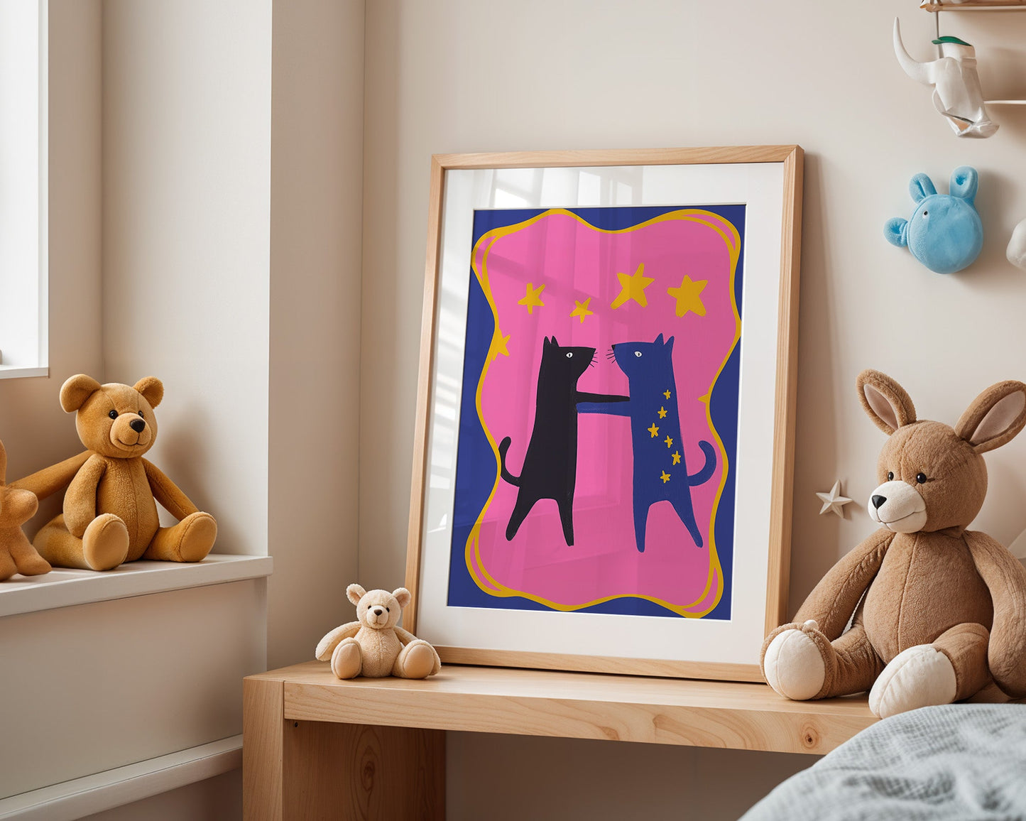Poster Kinderzimmer Katzen · Tanz unterm Sternenhimmel · Bunte Deko in Pink & Blau · Freundschaft & Magie · Ohne Rahmen-4