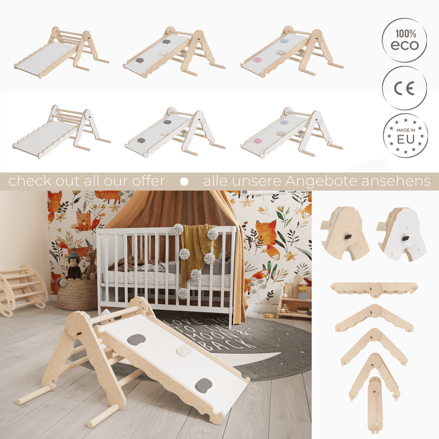 MAMOI® Indoor climbing triangle with slide for kids, Baby climbing frame, Wooden toddler gym for children outside and outdoor, Frames and slides, montessori toys for toddlers age 1-3-4
