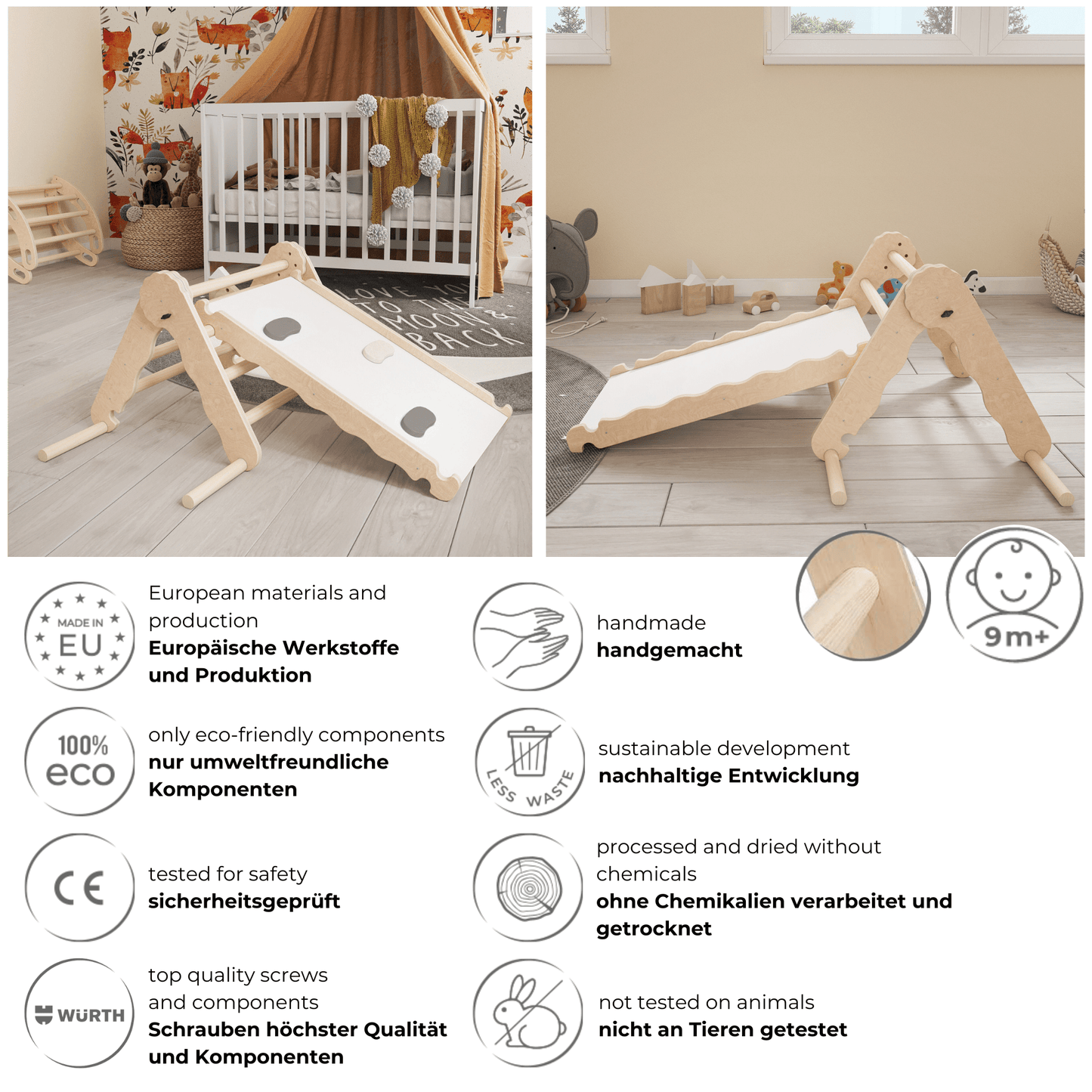 MAMOI® Indoor climbing triangle with slide for kids, Baby climbing frame, Wooden toddler gym for children outside and outdoor, Frames and slides, montessori toys for toddlers age 1-3-3