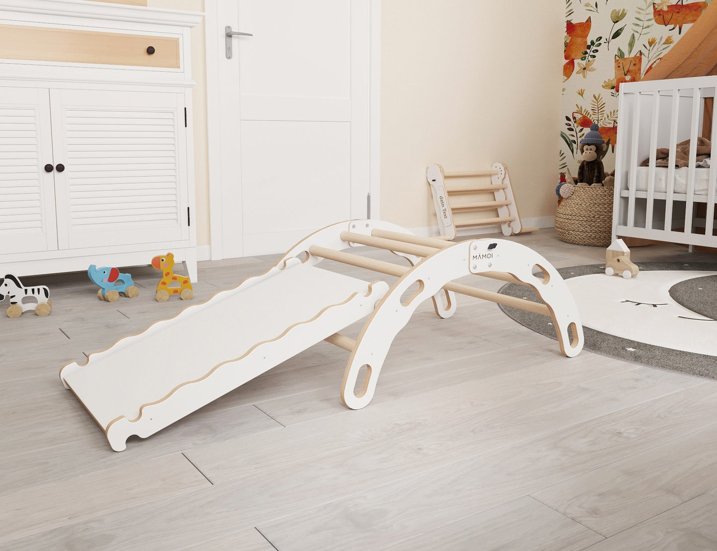 MAMOI® Indoor climbing frame for toddlers, Wooden baby gym with slide, Play gym rocker toys made of wood for toddler, Rockers montessori climbing frame age 1-3-2