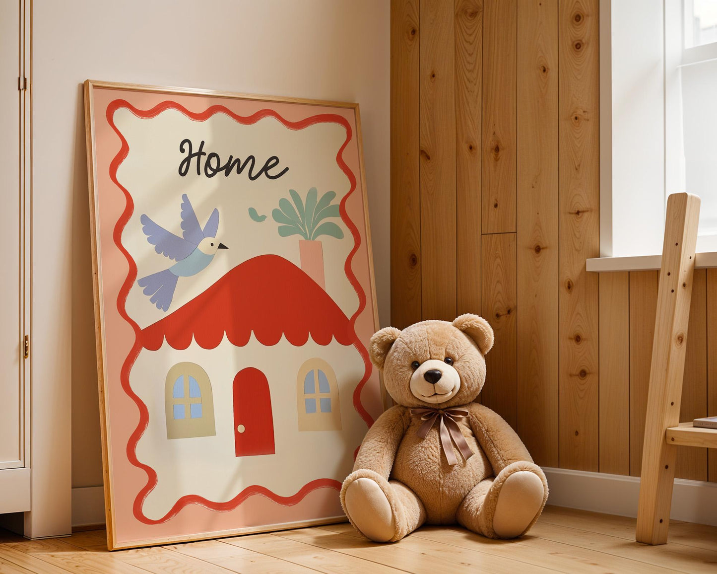 Poster Kinderzimmer Haus · Home mit Vogel & Pflanze · Liebevolles Wandbild · Sanfte Farben · Deko Print ohne Rahmen-4