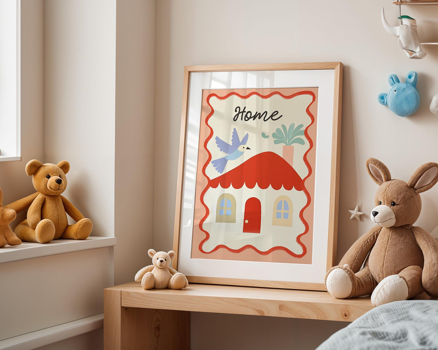 Poster Kinderzimmer Haus · Home mit Vogel & Pflanze · Liebevolles Wandbild · Sanfte Farben · Deko Print ohne Rahmen-2
