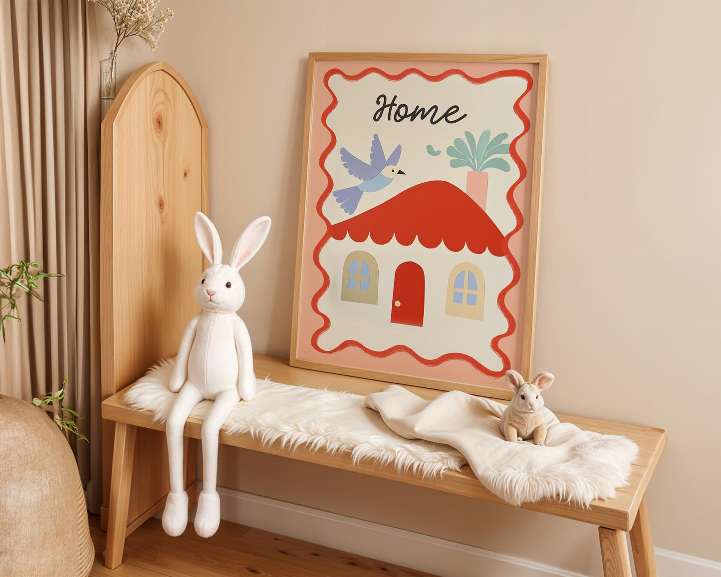 Poster Kinderzimmer Haus · Home mit Vogel & Pflanze · Liebevolles Wandbild · Sanfte Farben · Deko Print ohne Rahmen-3