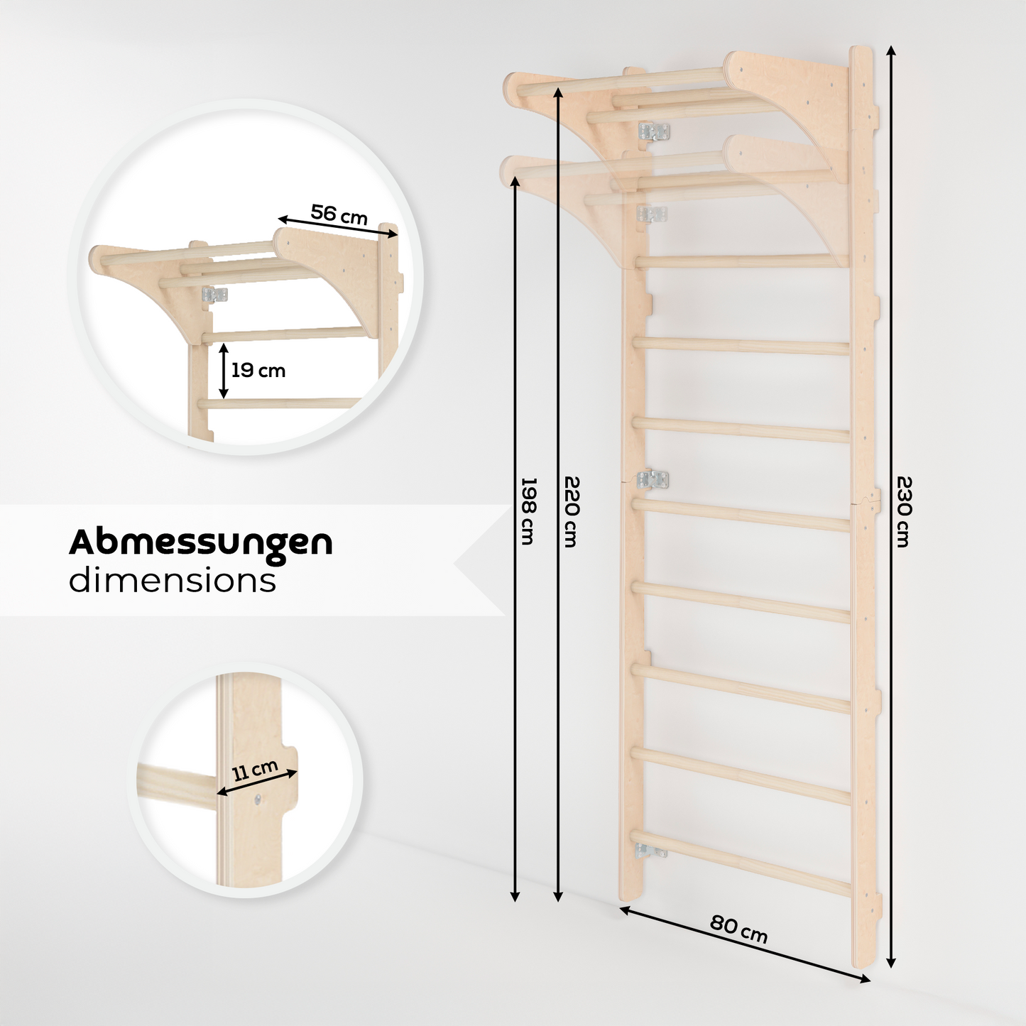 MAMOI® Wall-Mounted Gymnastics Bar with Pull-Up Bar (230 cm) | Wooden Training Ladder | Multi-Purpose Fitness Equipment | Wall-Mounted Gym Ladder for Adults & Kids | 100% ECO | Made in EU-1
