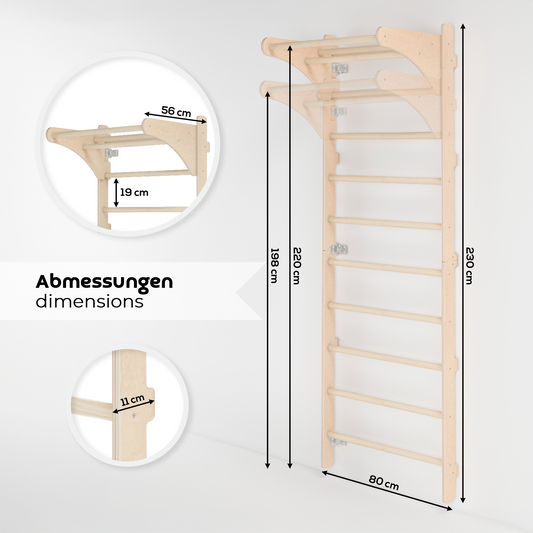 MAMOI® Wall-Mounted Gymnastics Bar with Pull-Up Bar (230 cm) | Wooden Training Ladder | Multi-Purpose Fitness Equipment | Wall-Mounted Gym Ladder for Adults & Kids | 100% ECO | Made in EU-1
