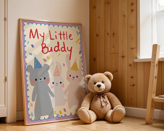 My Little Buddy – Animal Poster for Kids Room | Bear & Bunny with Party Hats | Friendship & Joy | No Frame-1