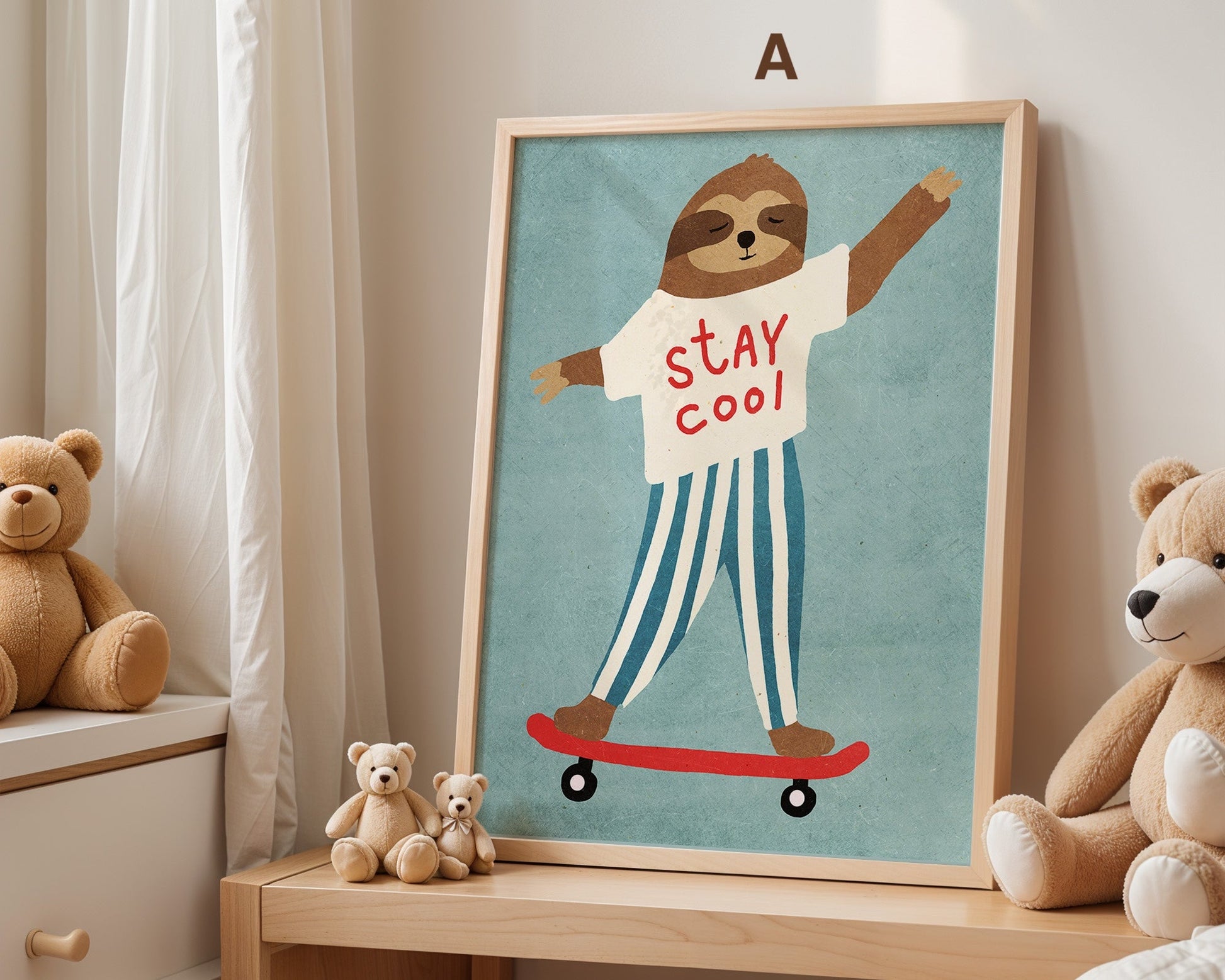 Skateboard Waldtiere Poster Kinderzimmer · Geschenkidee für Kinder · Fuchs Panda Bär Giraffe Faultier · Kinderzimmer Deko · Deko Print ohne Rahmen-1