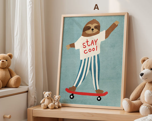 Skateboard Waldtiere Poster Kinderzimmer · Geschenkidee für Kinder · Fuchs Panda Bär Giraffe Faultier · Kinderzimmer Deko · Deko Print ohne Rahmen-1