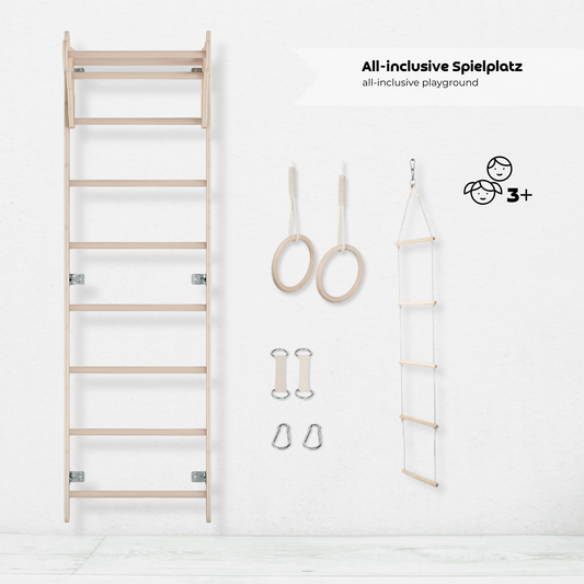 MAMOI® Children’s Gymnastic Ladder (210 cm) | Wall-Mounted Training Ladder | Rope Ladder for Kids | Wooden Indoor Playground | Gymnastic Rings | 100% ECO | Made in EU-1