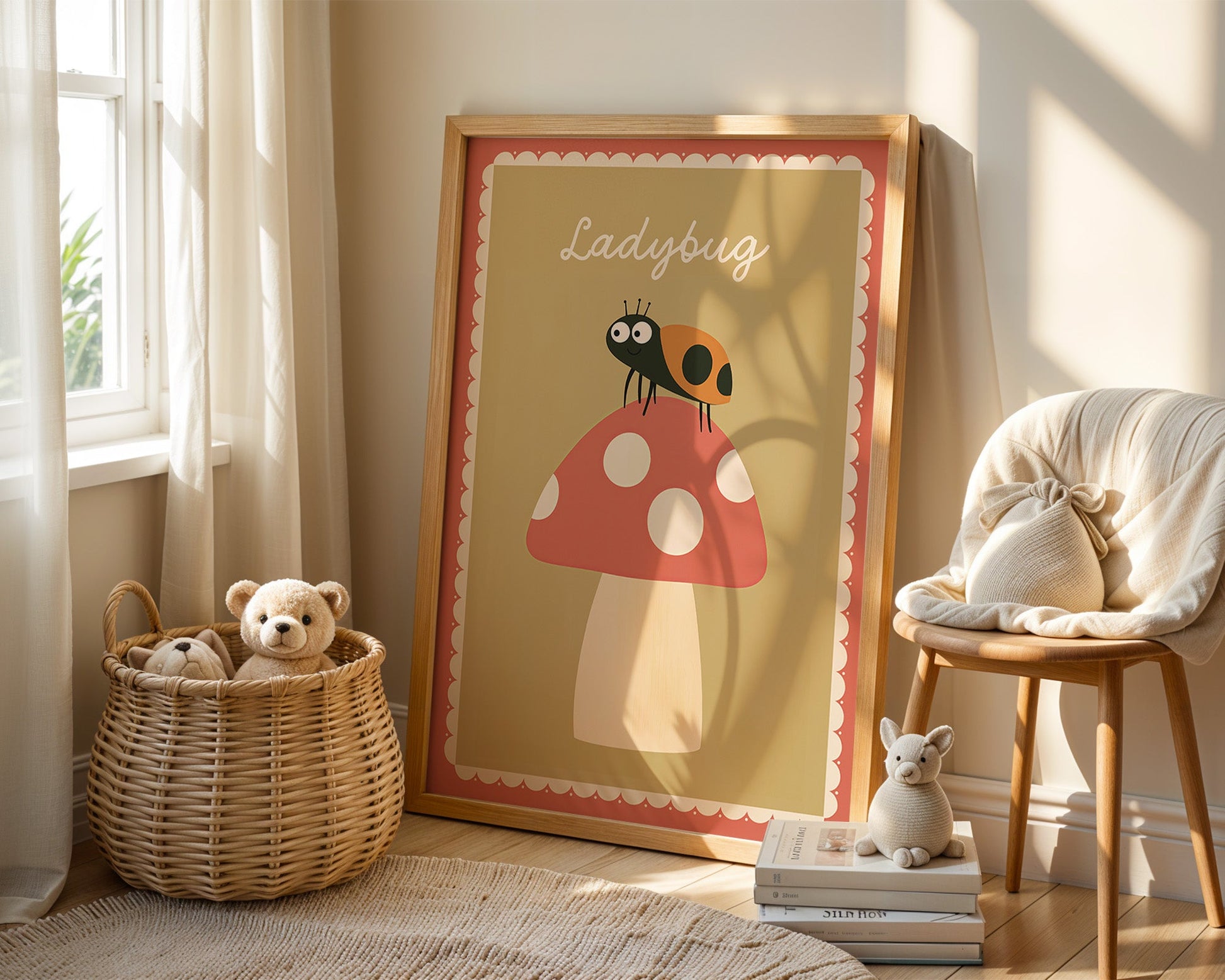 Poster Kinderzimmer Marienkäfer · Ladybug auf Fliegenpilz · Naturmotiv · Niedliches Insektenposter · Deko für Kinderzimmer · Ohne Rahmen-2