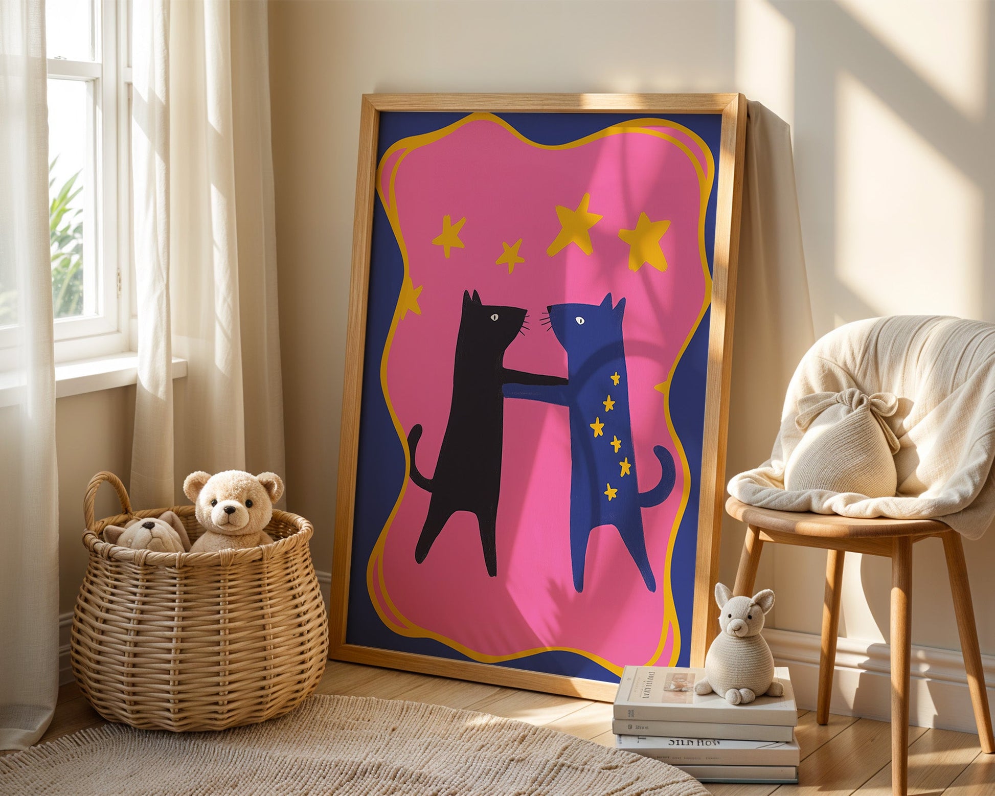 Poster Kinderzimmer Katzen · Tanz unterm Sternenhimmel · Bunte Deko in Pink & Blau · Freundschaft & Magie · Ohne Rahmen-3
