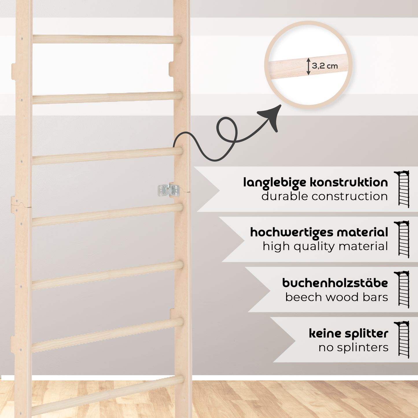MAMOI® Wall-Mounted Gymnastics Bar with Pull-Up Bar (230 cm) | Wooden Training Ladder | Multi-Purpose Fitness Equipment | Wall-Mounted Gym Ladder for Adults & Kids | 100% ECO | Made in EU-2