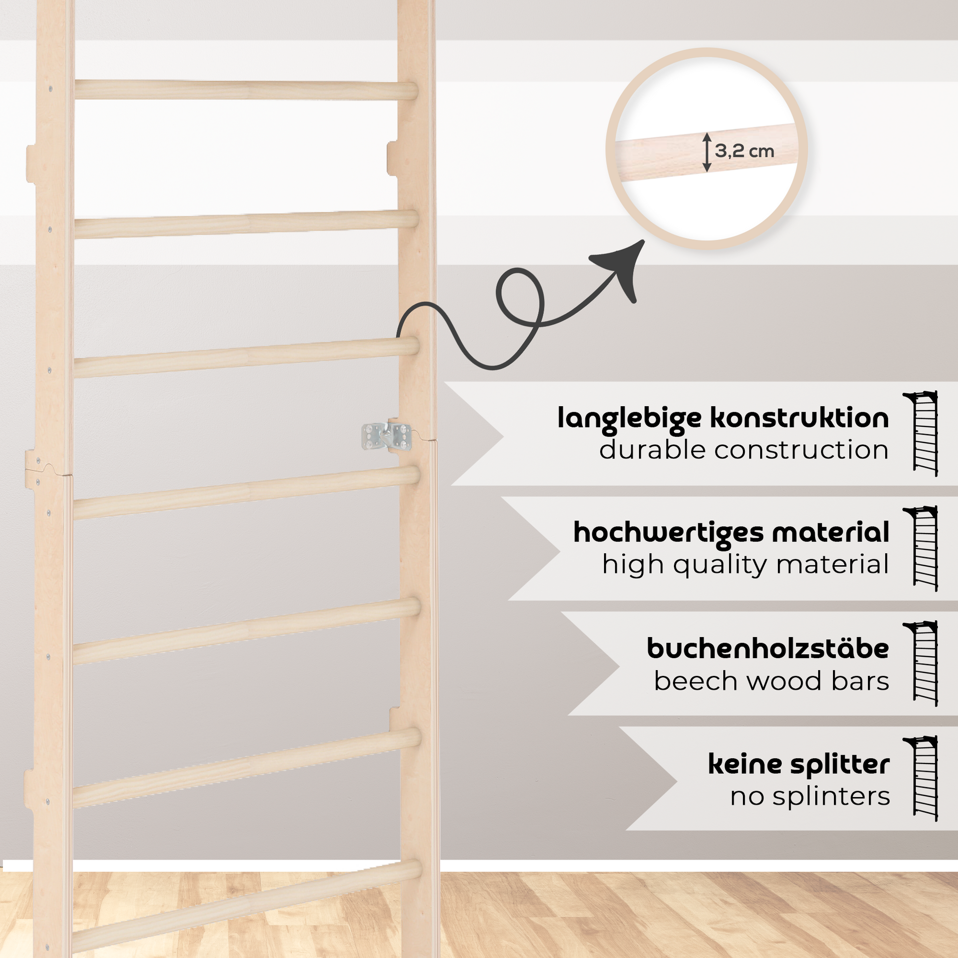 MAMOI® Wall-Mounted Gymnastics Bar with Pull-Up Bar (230 cm) | Wooden Training Ladder | Multi-Purpose Fitness Equipment | Wall-Mounted Gym Ladder for Adults & Kids | 100% ECO | Made in EU-2