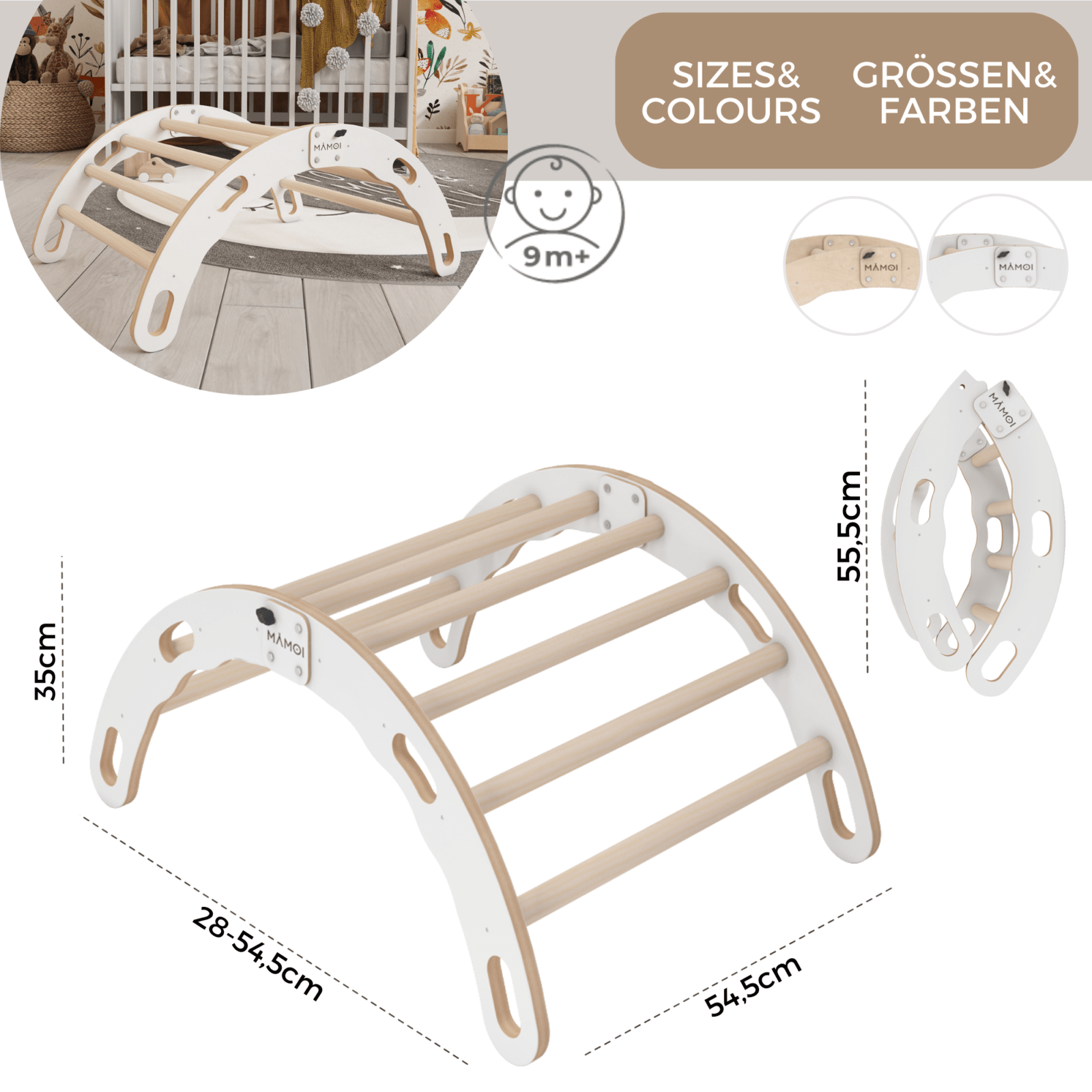 MAMOI® Indoor climbing frame for toddlers, Wooden baby gym, Play gym rocker toys made of wood for toddler, Rockers montessori climbing frame age 1-3-2