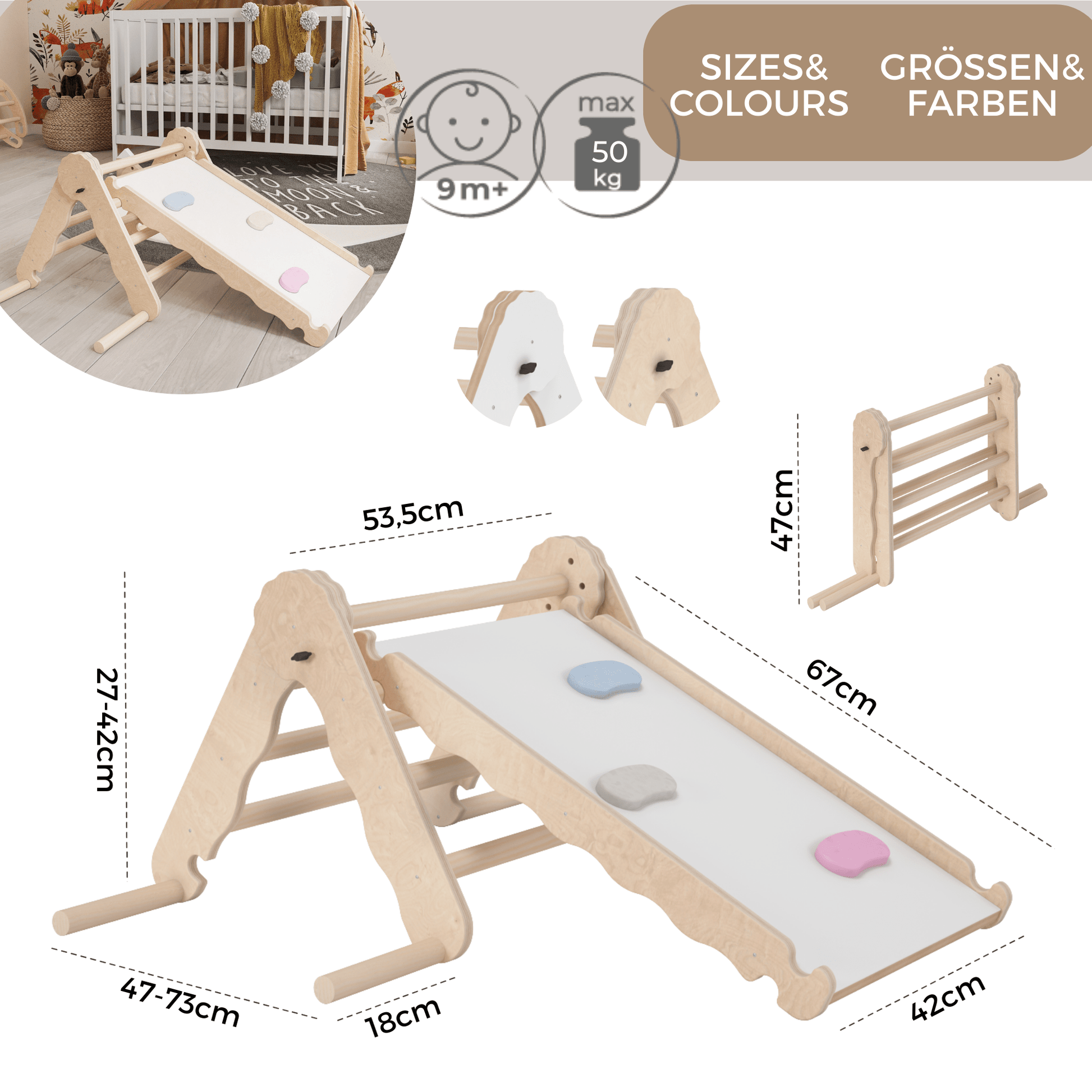 MAMOI® Indoor climbing triangle with slide for kids, Baby climbing frame, Wooden toddler gym for children outside and outdoor, Frames and slides, montessori toys for toddlers age 1-3-3