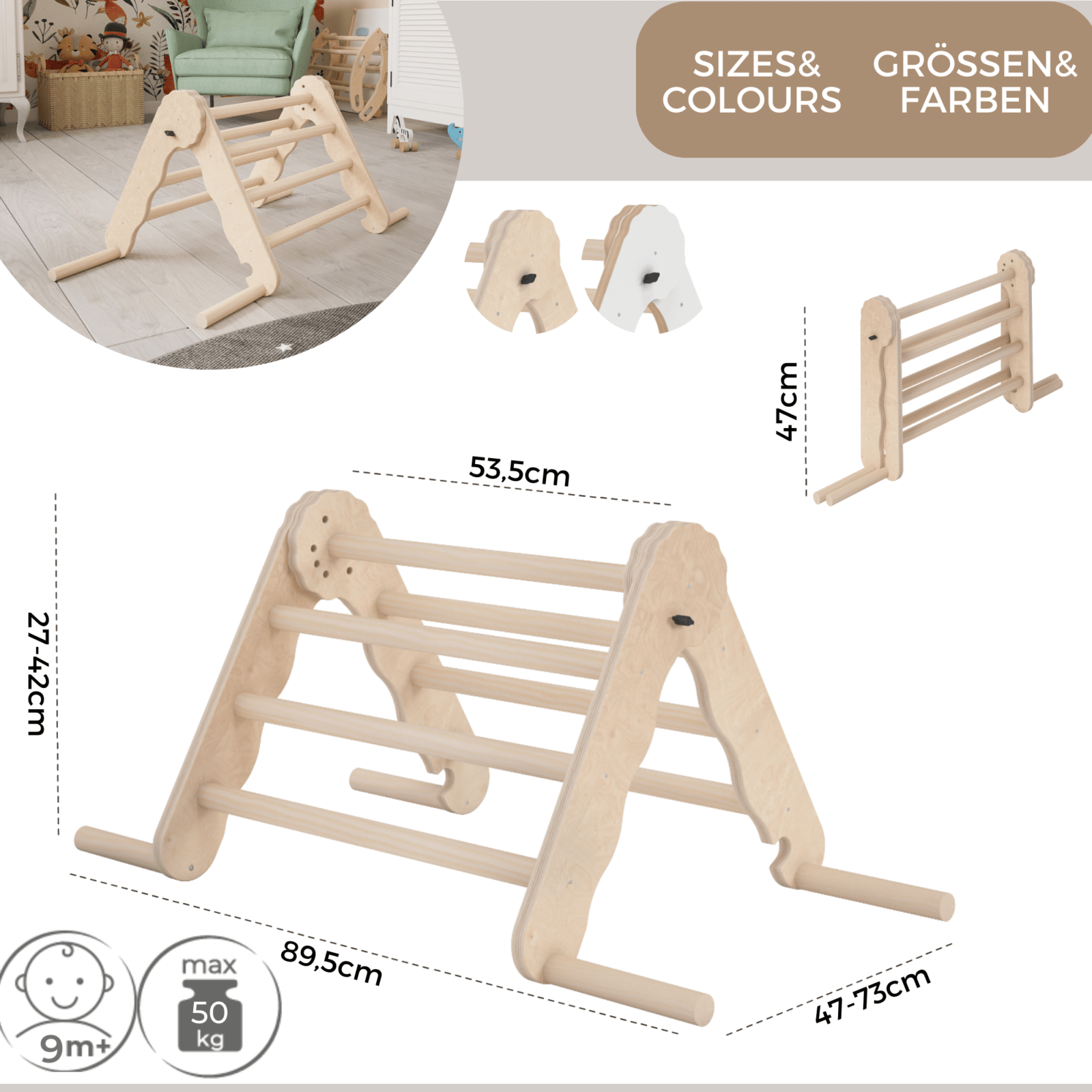 MAMOI® Indoor climbing triangle for kids, Baby climbing frame, Wooden toddler gym for children outside and outdoor, Frames montessori toys for toddlers age 1-3-2