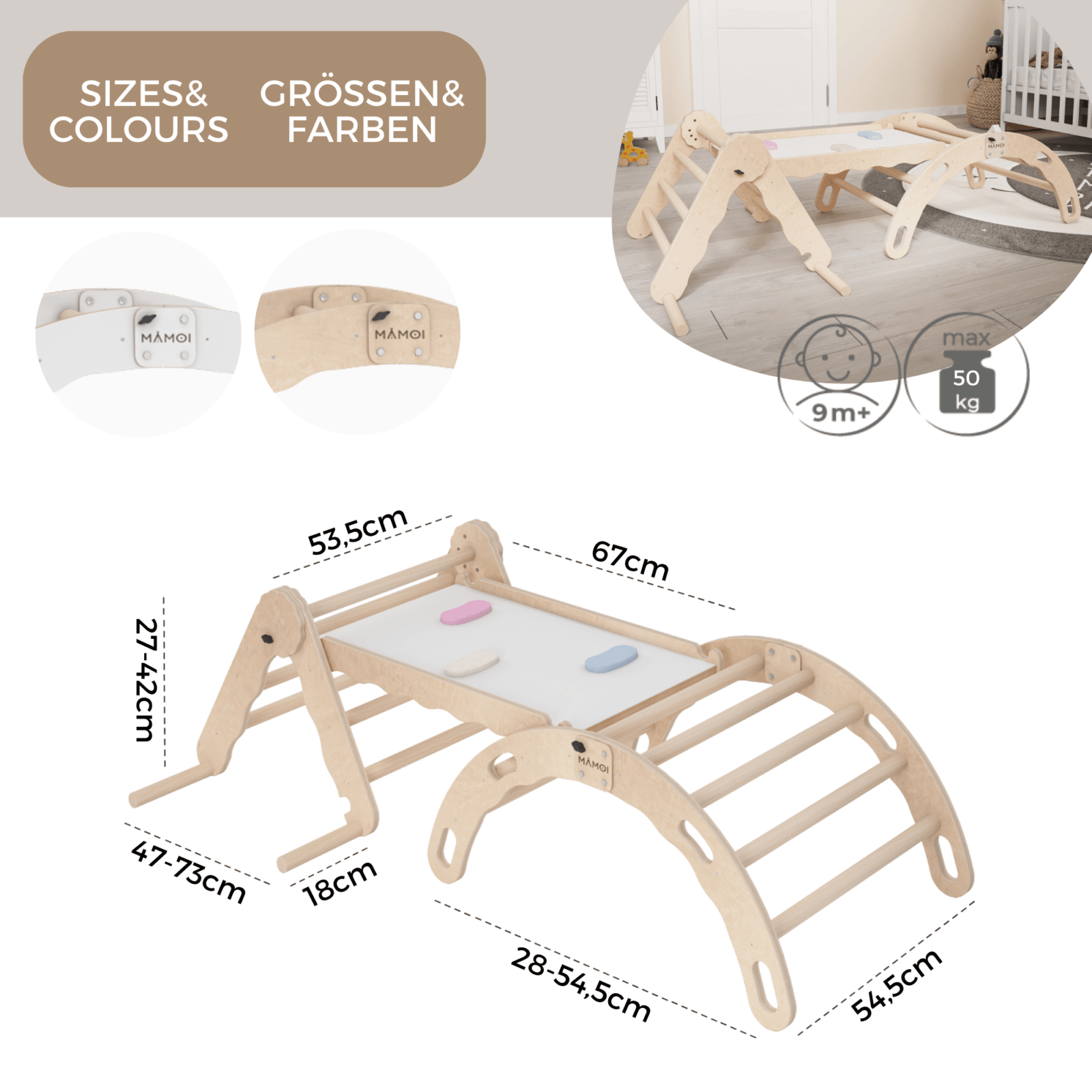 MAMOI® SET: Climbing frame, triangle and slide, Indoor wooden baby gym for toddlers, Toddler rockers, Climbers & play structures montessori from age 1-3 year old-3