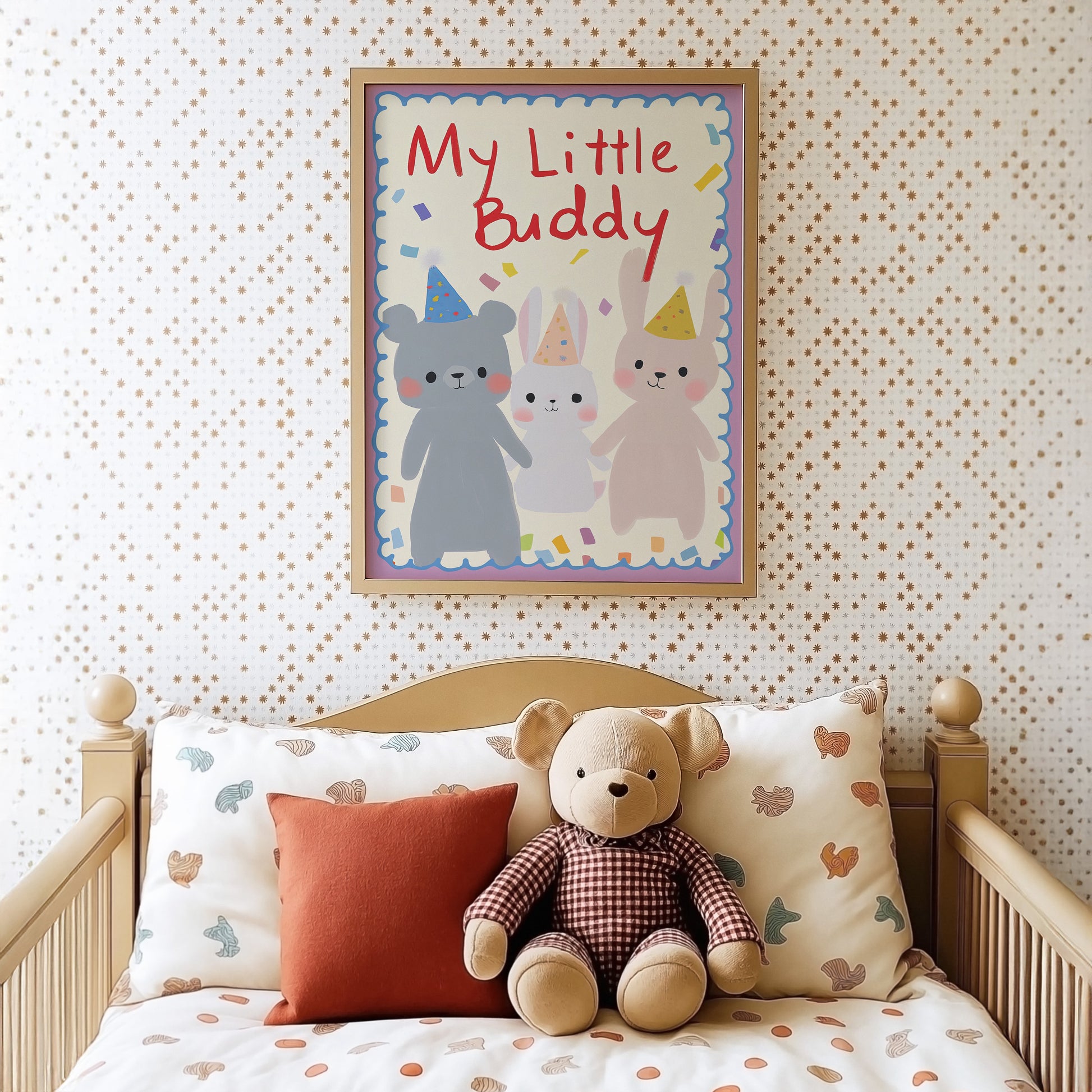 My Little Buddy – Animal Poster for Kids Room | Bear & Bunny with Party Hats | Friendship & Joy | No Frame-4