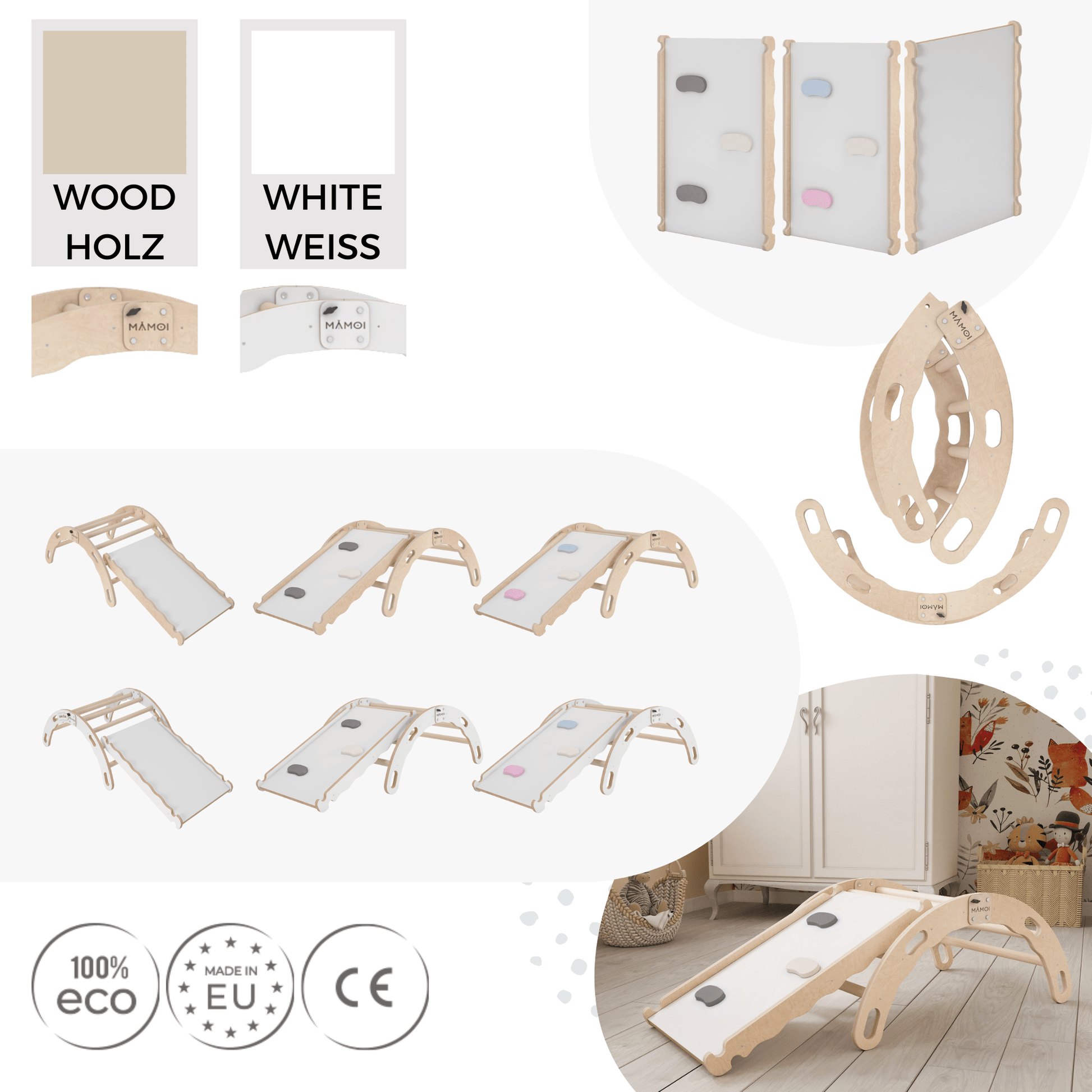 MAMOI® Indoor climbing frame for toddlers, Wooden baby gym with slide, Play gym rocker toys made of wood for toddler, Rockers montessori climbing frame age 1-3-3