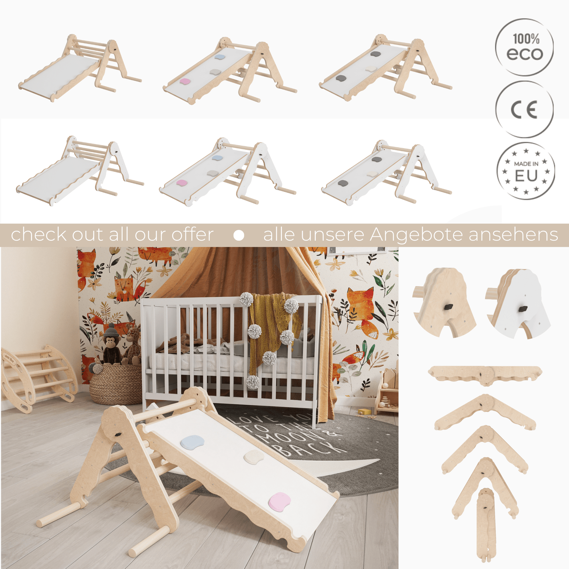 MAMOI® Indoor climbing triangle with slide for kids, Baby climbing frame, Wooden toddler gym for children outside and outdoor, Frames and slides, montessori toys for toddlers age 1-3-4
