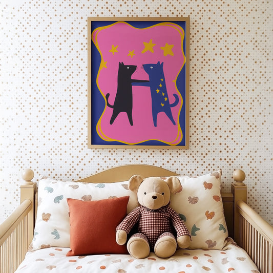Poster Kinderzimmer Katzen · Tanz unterm Sternenhimmel · Bunte Deko in Pink & Blau · Freundschaft & Magie · Ohne Rahmen-1