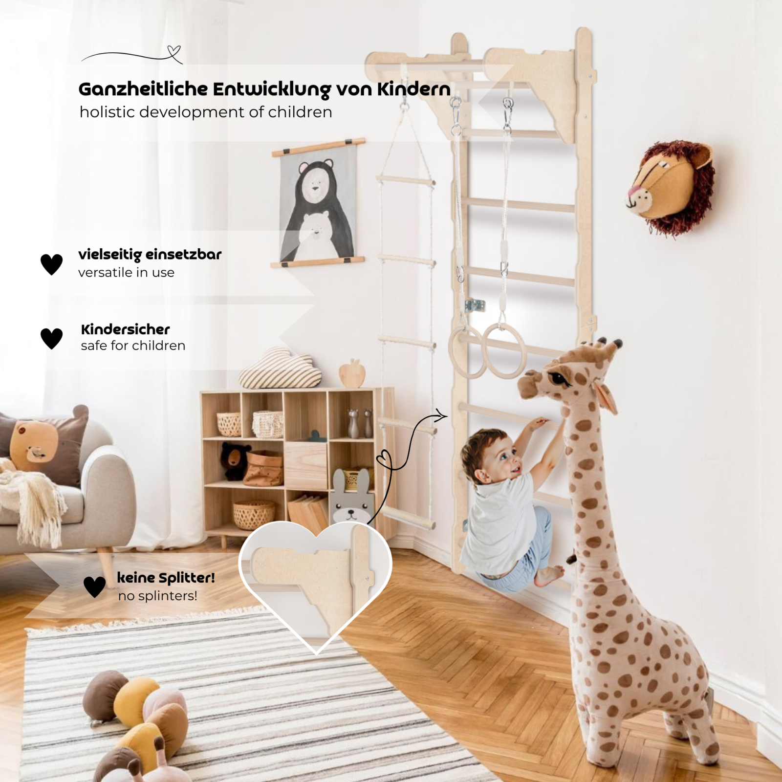 MAMOI® Children’s Gymnastic Ladder (210 cm) | Wall-Mounted Training Ladder | Rope Ladder for Kids | Wooden Indoor Playground | Gymnastic Rings | 100% ECO | Made in EU-4