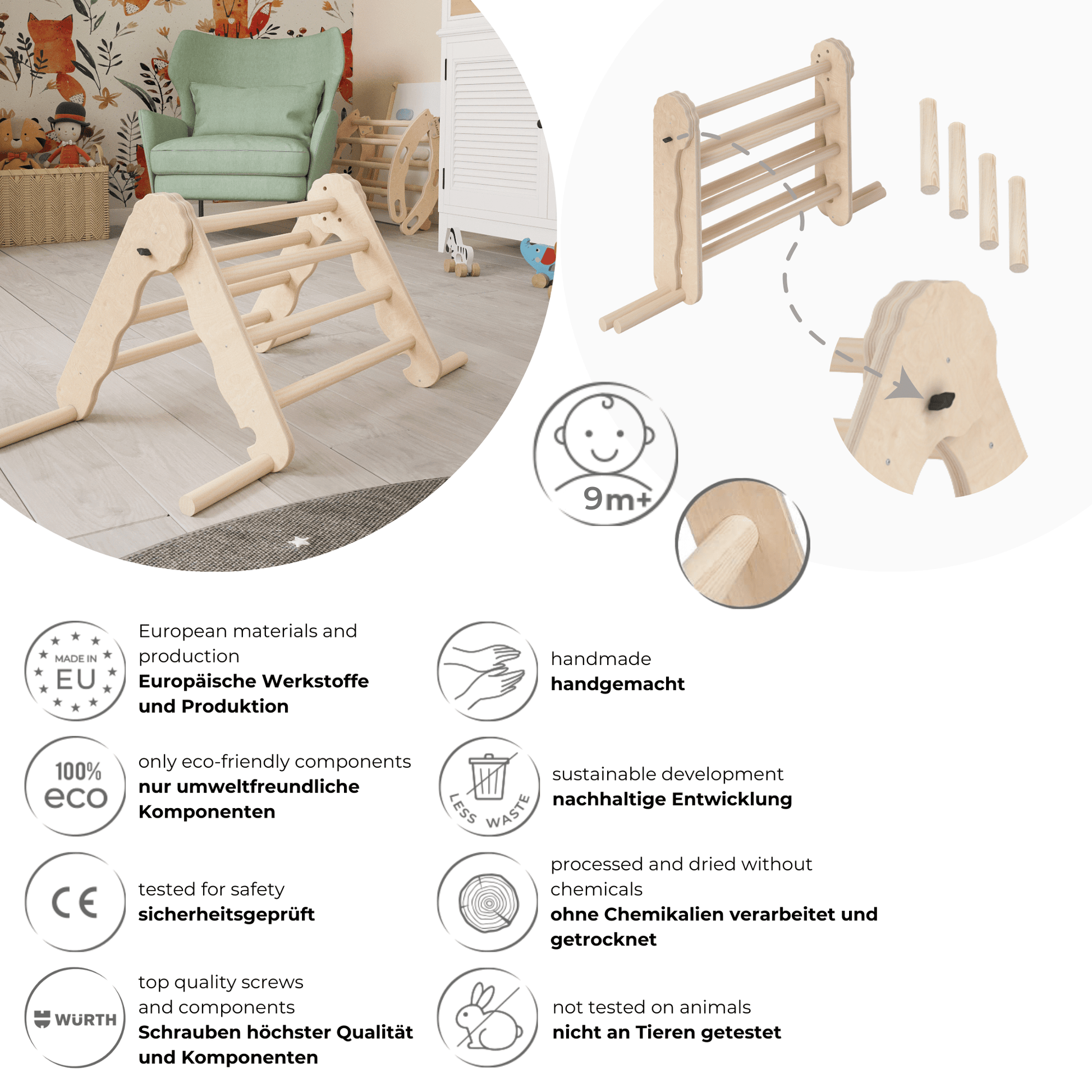 MAMOI® Indoor climbing triangle for kids, Baby climbing frame, Wooden toddler gym for children outside and outdoor, Frames montessori toys for toddlers age 1-3-3
