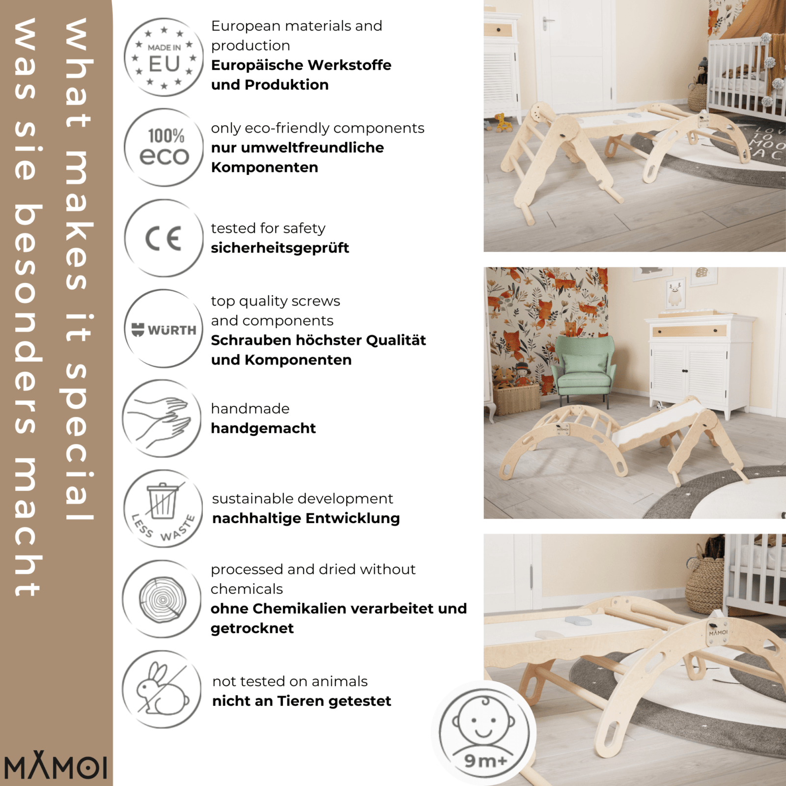 MAMOI® SET: Climbing frame, triangle and slide, Indoor wooden baby gym for toddlers, Toddler rockers, Climbers & play structures montessori from age 1-3 year old-4
