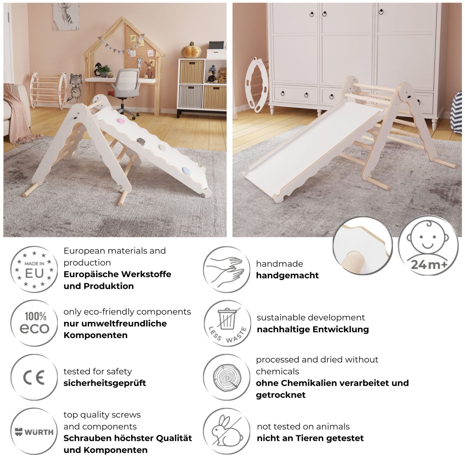 MAMOI® Indoor climbing triangle with slide for kids, Baby climbing frame, Wooden toddler gym for children outside and outdoor, Frames and slides, montessori toys for toddlers age 1-3-1