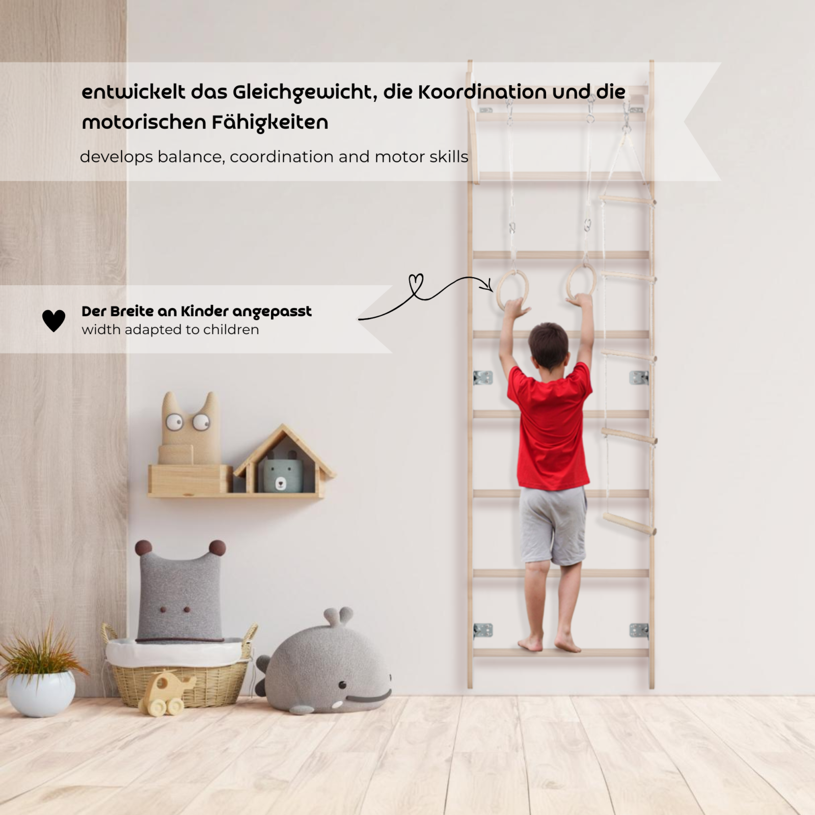 MAMOI® Children’s Gymnastic Ladder (210 cm) | Wall-Mounted Training Ladder | Rope Ladder for Kids | Wooden Indoor Playground | Gymnastic Rings | 100% ECO | Made in EU-5
