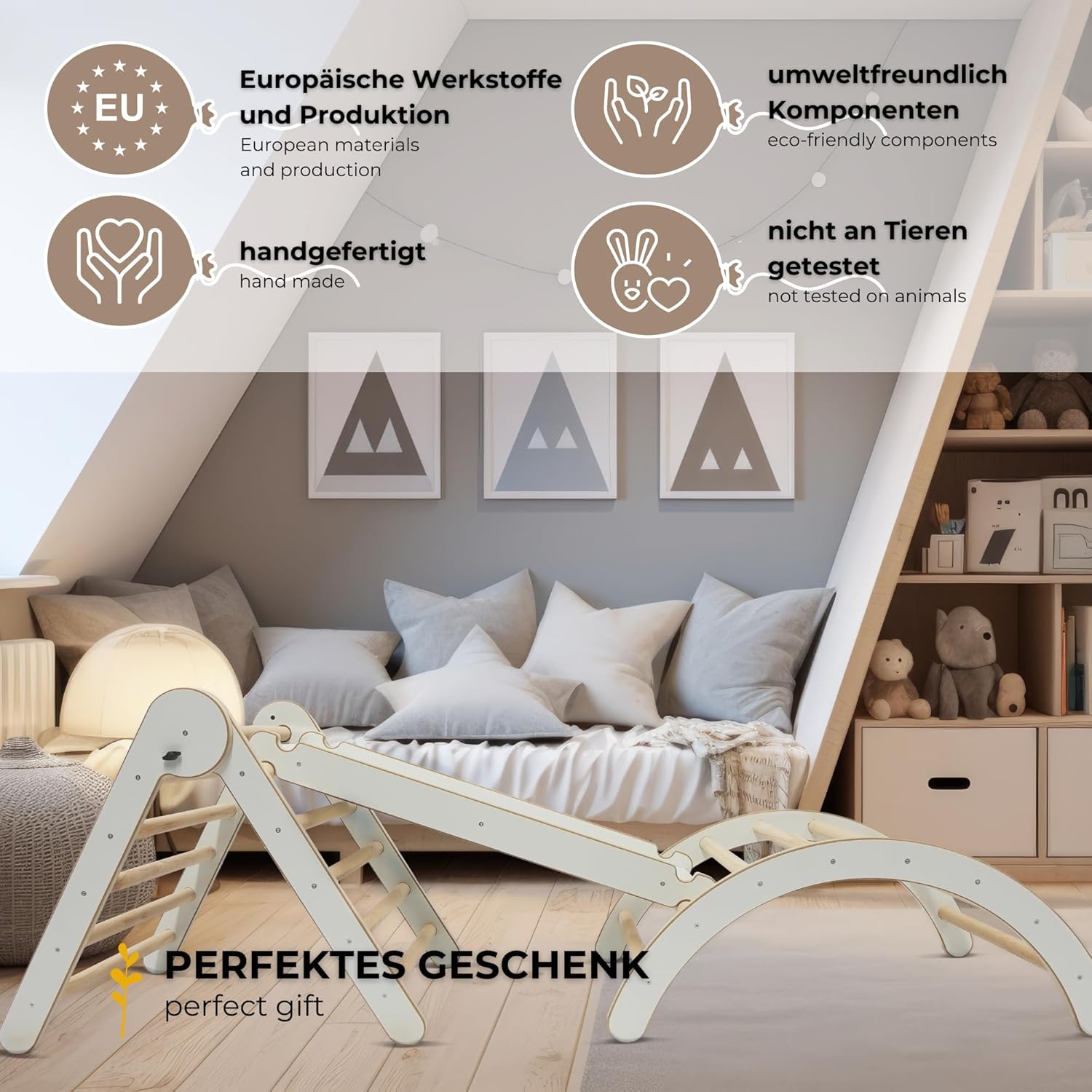 MAMOI® Structure d'escalade Triangle d'escalade Indoor 4 en 1 SET. Arche d'escalade Montessori avec coussin, aire de jeux intérieure 1-3 ans et toboggan pour enfants.-7