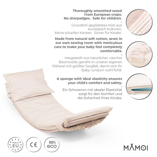 MAMOI® Wooden balance board for kids with beige cushion , Rocker seesaw, Baby balancing games, Toddler balance game, Wobble board, Play equipment for children, montessori sensory toys-1