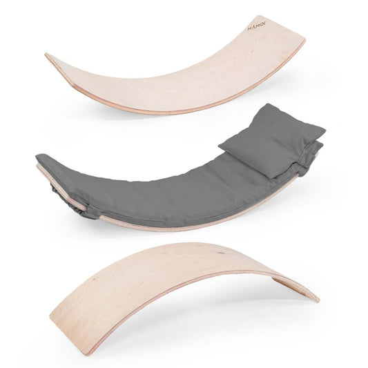 MAMOI® Wooden balance board for kids with grey cushion , Rocker seesaw, Baby balancing games, Toddler balance game, Wobble board, Play equipment for children, montessori sensory toys-0