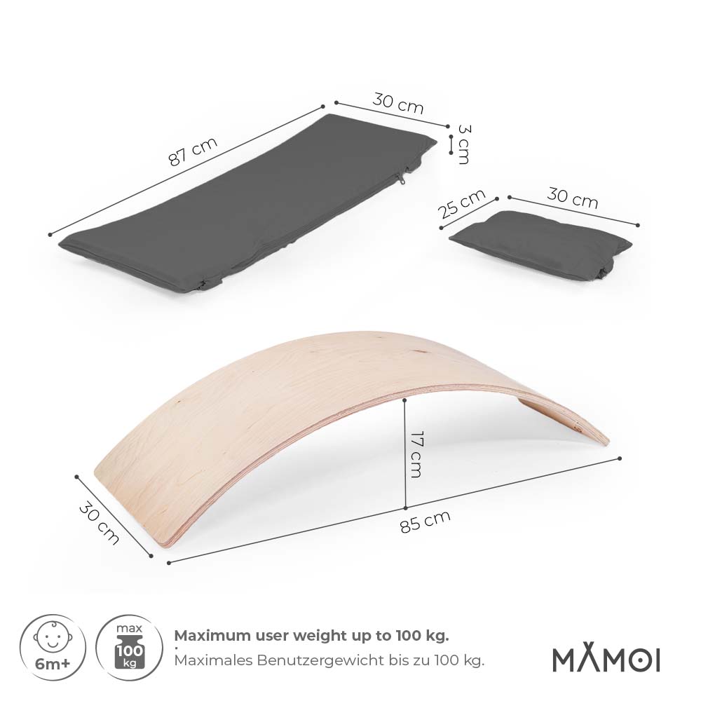MAMOI® Wooden balance board for kids with grey cushion , Rocker seesaw, Baby balancing games, Toddler balance game, Wobble board, Play equipment for children, montessori sensory toys-2