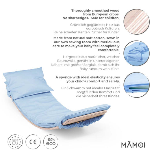MAMOI® Wooden balance board for kids with blue cushion , Rocker seesaw, Baby balancing games, Toddler balance game, Wobble board, Play equipment for children, montessori sensory toys-1