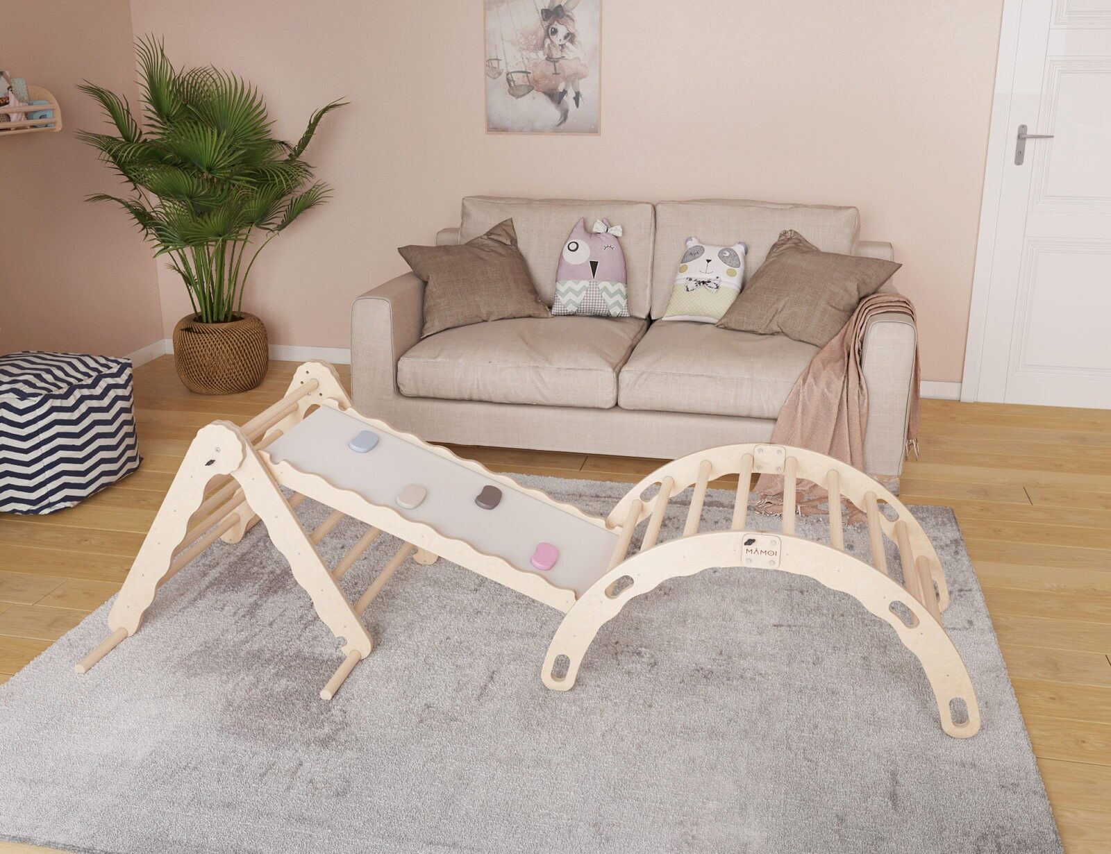 MAMOI® SET: Climbing frame, triangle and slide, Indoor wooden baby gym for toddlers, Toddler rockers, Climbers & play structures montessori from age 1-3 year old-1