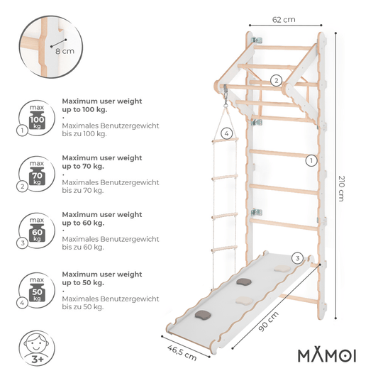 MAMOI® Swedish ladder, Wooden gorilla gym for kids, Indoor baby climbing frame for toddlers, Monkey bars and play gym, Childrens climbing wall, Gymnastics bar and equipment for home-1