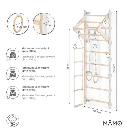MAMOI® Swedish ladder, Wooden gorilla gym for kids, Indoor baby climbing frame for toddlers, Monkey bars and play gym, Childrens climbing wall, Gymnastics bar and equipment for home-1