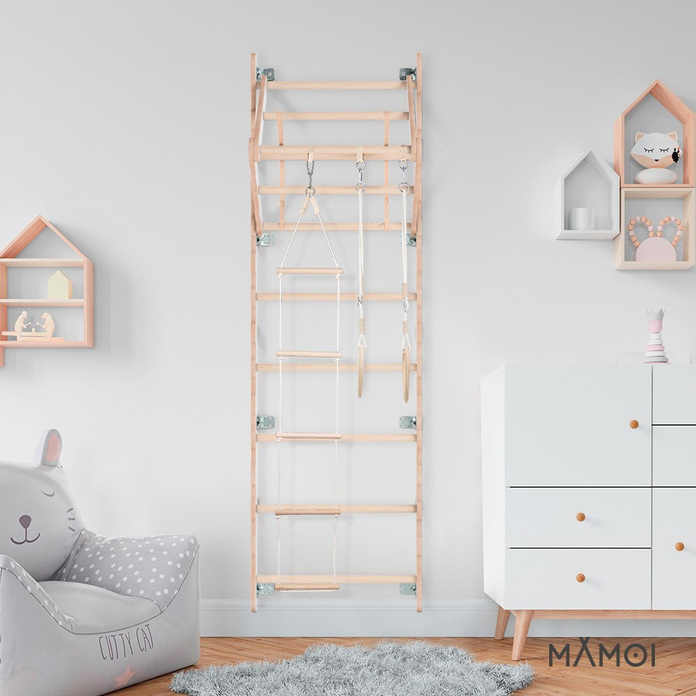 MAMOI® Swedish ladder, Wooden gorilla gym for kids, Indoor baby climbing frame for toddlers, Monkey bars and play gym, Childrens climbing wall, Gymnastics bar and equipment for home-8