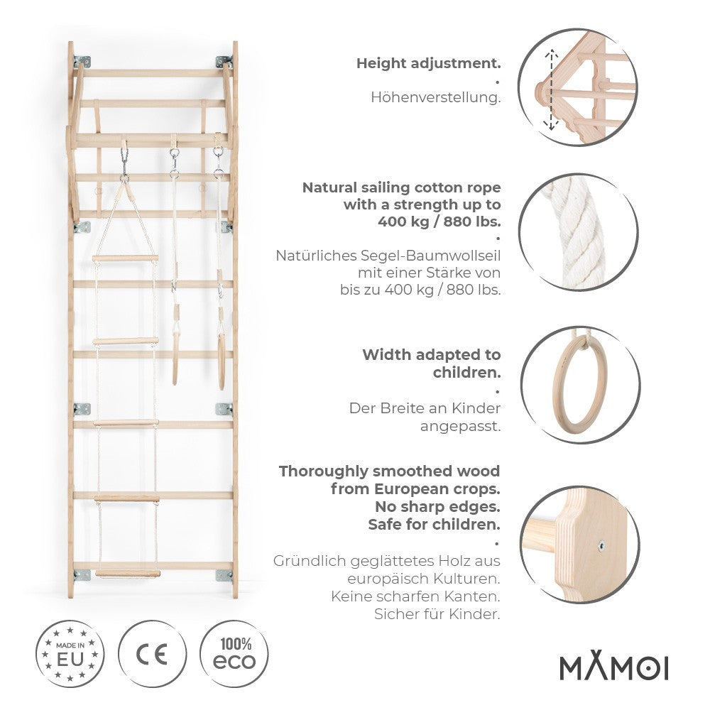 MAMOI® Swedish ladder, Wooden gorilla gym for kids, Indoor baby climbing frame for toddlers, Monkey bars and play gym, Childrens climbing wall, Gymnastics bar and equipment for home-2
