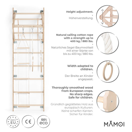 MAMOI® Swedish ladder, Wooden gorilla gym for kids, Indoor baby climbing frame for toddlers, Monkey bars and play gym, Childrens climbing wall, Gymnastics bar and equipment for home-2