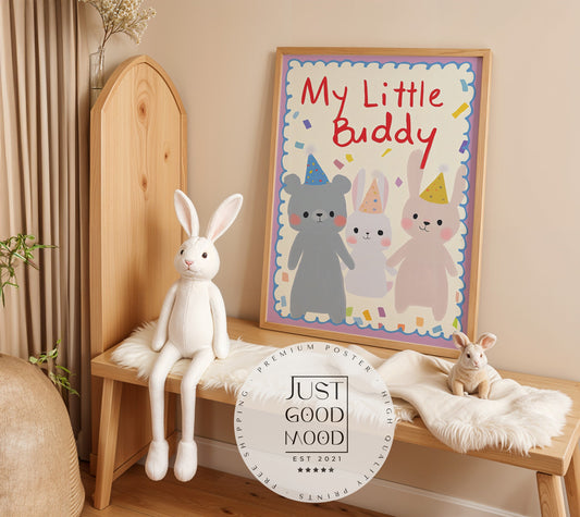 My Little Buddy – Animal Poster for Kids Room | Bear & Bunny with Party Hats | Friendship & Joy | No Frame-0