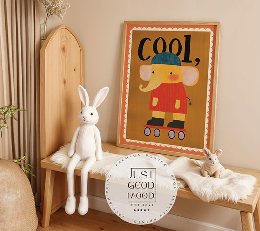 Poster Kinderzimmer Elefant · Cool auf Rollschuhen · Lustiges Tiermotiv · Retro Farben · Geschenkidee für Kinder · Ohne Rahmen-0