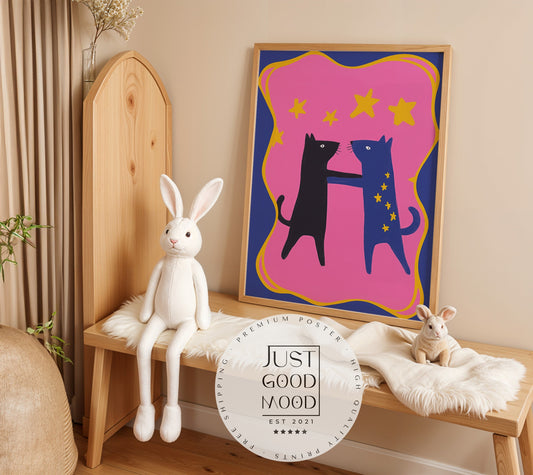 Poster Kinderzimmer Katzen · Tanz unterm Sternenhimmel · Bunte Deko in Pink & Blau · Freundschaft & Magie · Ohne Rahmen-0