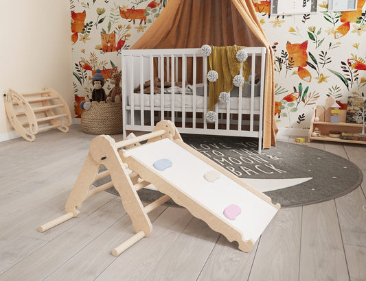 MAMOI® Indoor climbing triangle with slide for kids, Baby climbing frame, Wooden toddler gym for children outside and outdoor, Frames and slides, montessori toys for toddlers age 1-3-1